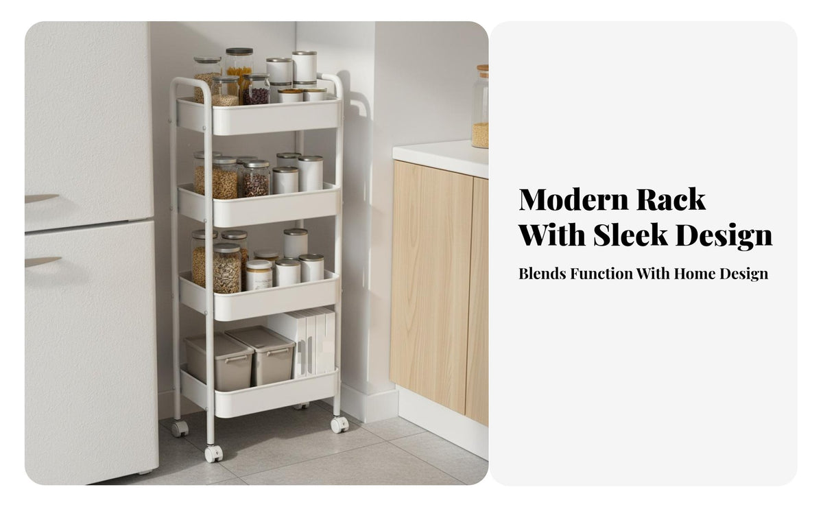 Rolling Storage Trolley Metal Frame Mobile Shelving Rack with Wheels Full-Rotation Casters Rolling Storage Cart for Kitchen, Washroom, Dorm Room