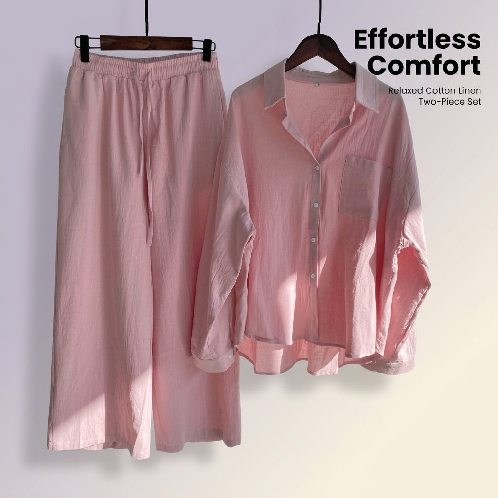 Airport Outfit 2 Piece Set for Women with High Waisted Trousers, Linen Blend Travel Lounge Wear, Plus Size Casual