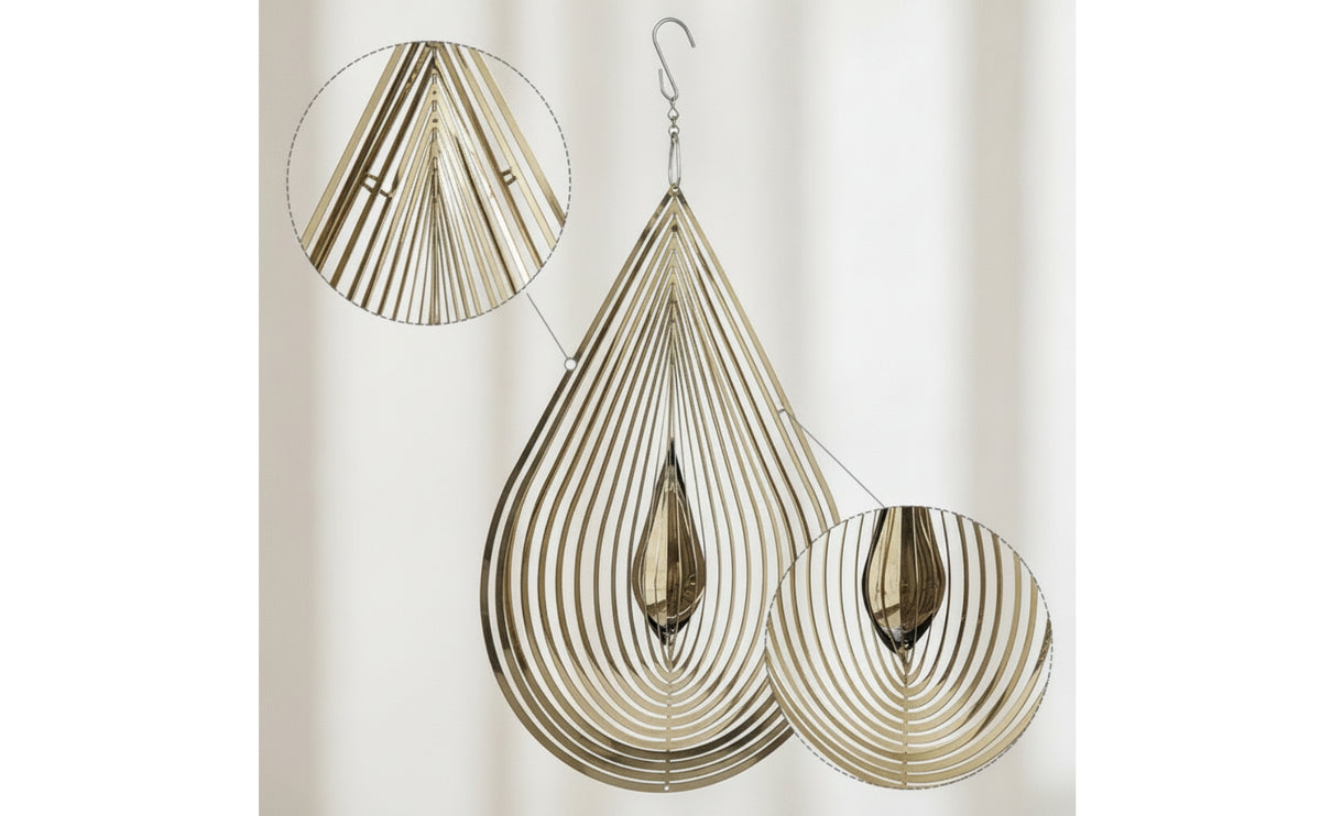 Teardrop Wind Chime Gold-Tone Metal Wind Chime Hanging Ornament Polished Decor Concentric for Garden, Patio