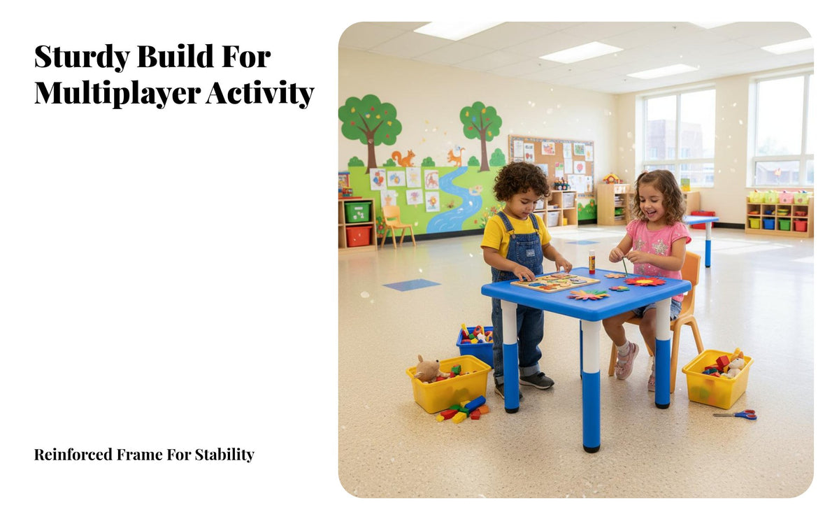 Child-Safe Design Kindergarten Table and Chair Set Easy to Clean Square Plastic Kids Table Anti-Slip Feet Adjustable Height Study Desk Long-Lasting for Preschoolers, Toddlers, Teachers, Home, Classroom, Daycare
