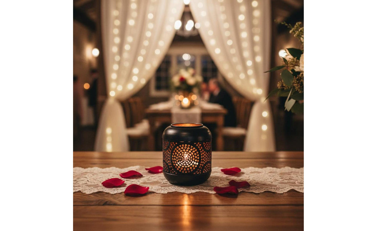 European Inspired Hollow Metal Candle Holder Romantic Atmosphere Vintage Design Tealight Holder Cutout Pattern Candle Lantern for Wedding, Dinner Party, Tabletop