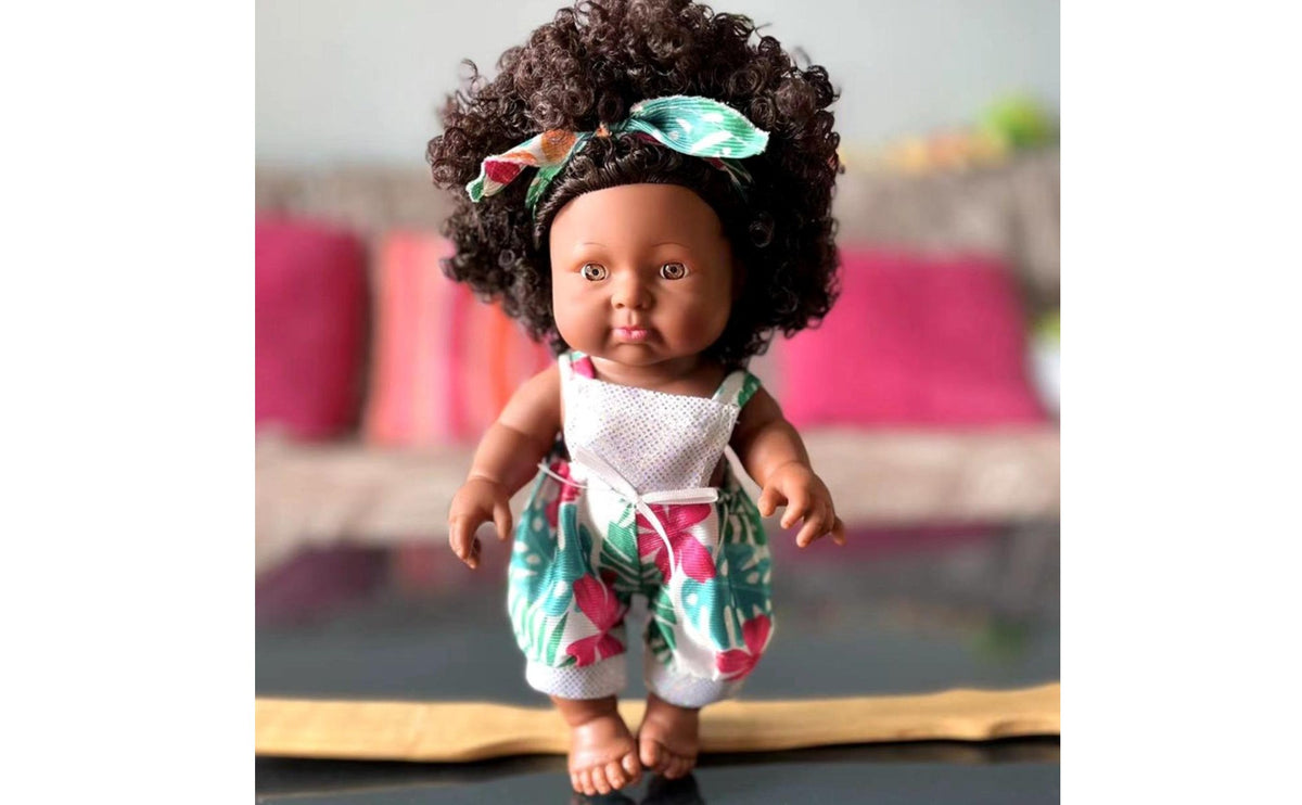 Cute Face African Girl Doll Safe Materials Soft Vinyl Rooted Hair for Children, Playtime, Bath Time
