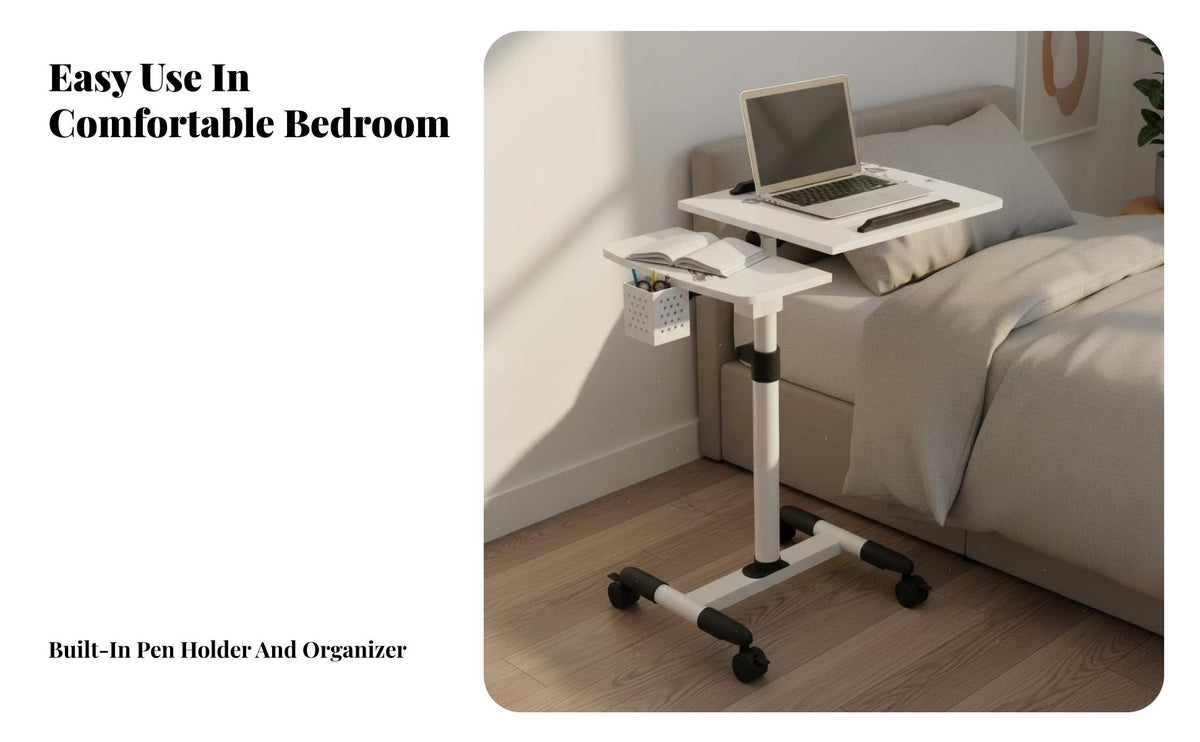Multi-Functional Overbed Laptop Table Locking Casters Rolling Laptop Desk Versatile Use Overbed Table with Wheels Anti-Slip Baffle for Students, Telecommuting Workers, Seniors, Bedroom, Dorm Room, Study