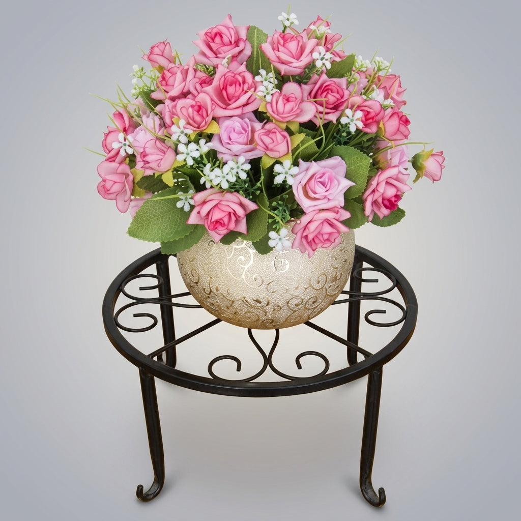 Plant Stand and Metal Plant Pot Stand Indoor, European Style Bronze Pot Holder with Scrollwork Top, Floor Standing Single Layer Plant Holder