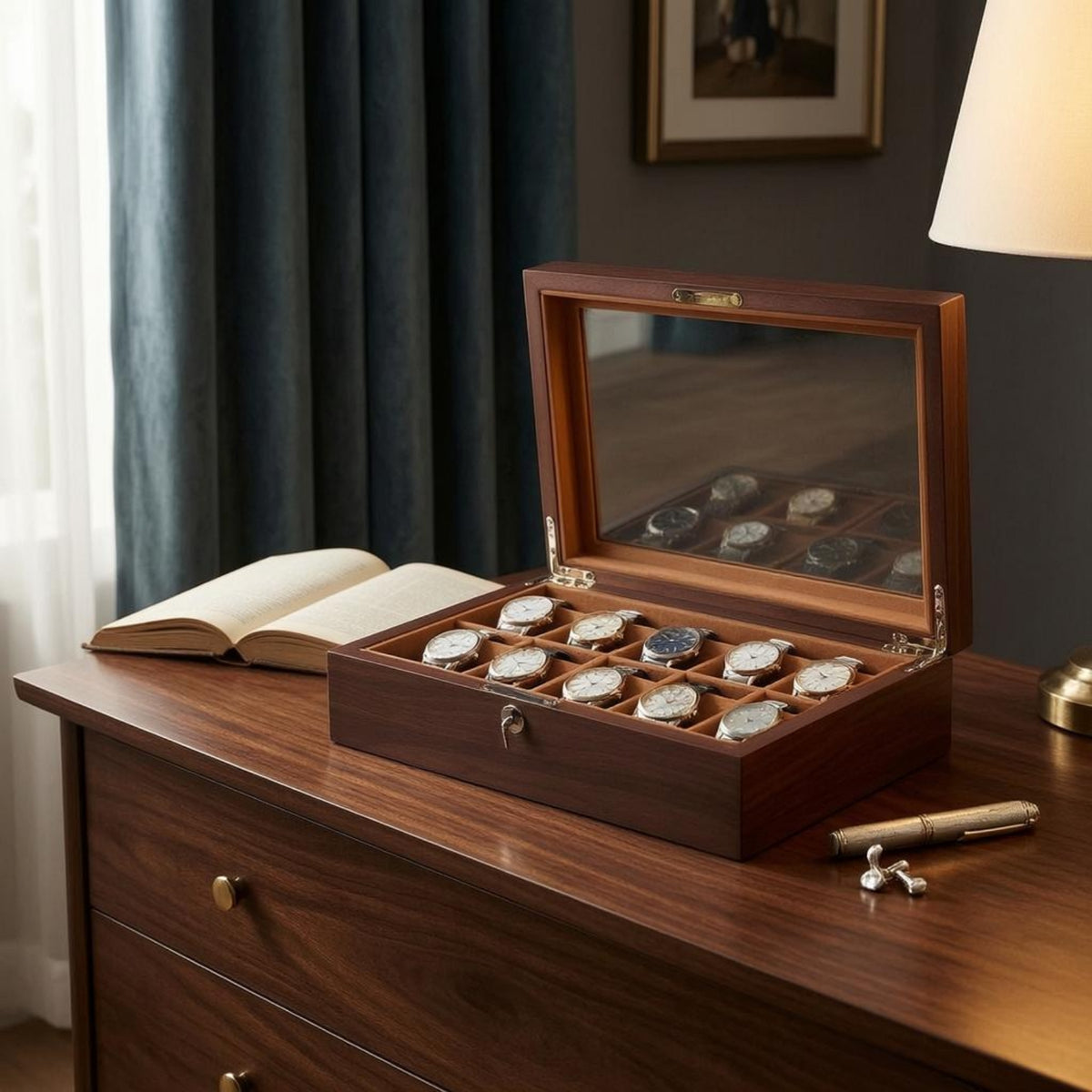Padded Compartments Glass Lid Watch Display Box Metal Lock Wooden Watch Display Case Hinged Opening Divider Inserts