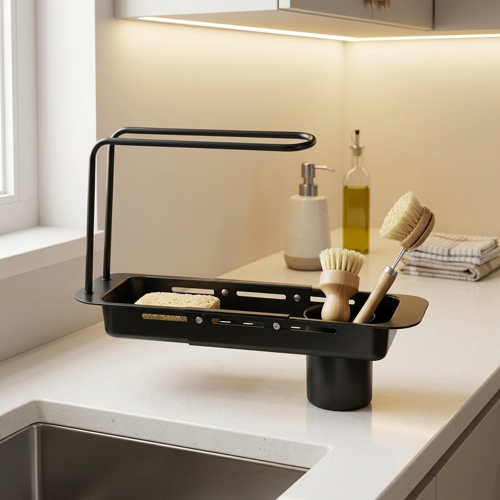 Dish Rack and Dish Drainer with Sink Strainer, Stainless Steel Utensil Holder, Extendable 45cm Kitchen Sink Sponge Holder with Towel Bar, Grey