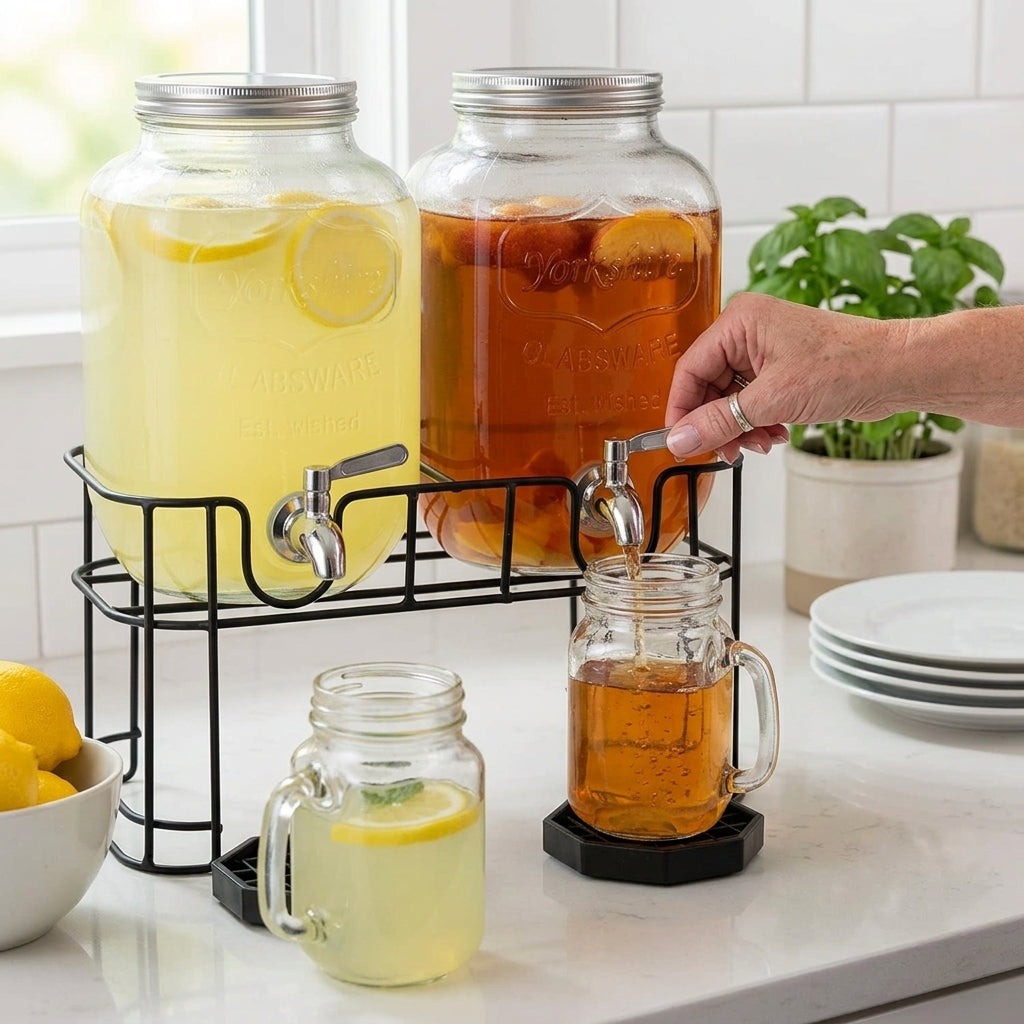 Juice Dispenser Set of 2, Glass Dispenser with Tap and Metal Stand, Stainless Steel Lid Water Urn for Iced Tea, Cold Water Business Gift 5000ML
