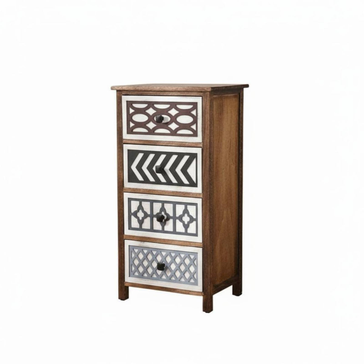 Rustic Design Carved Drawer Chest Distressed Finish Geometric Pattern Drawer Chest Compact Size Bedside Table Sturdy Construction for Homeowners, Interior Design Enthusiasts, Bedroom, kid's Room, Entryway, Hallway