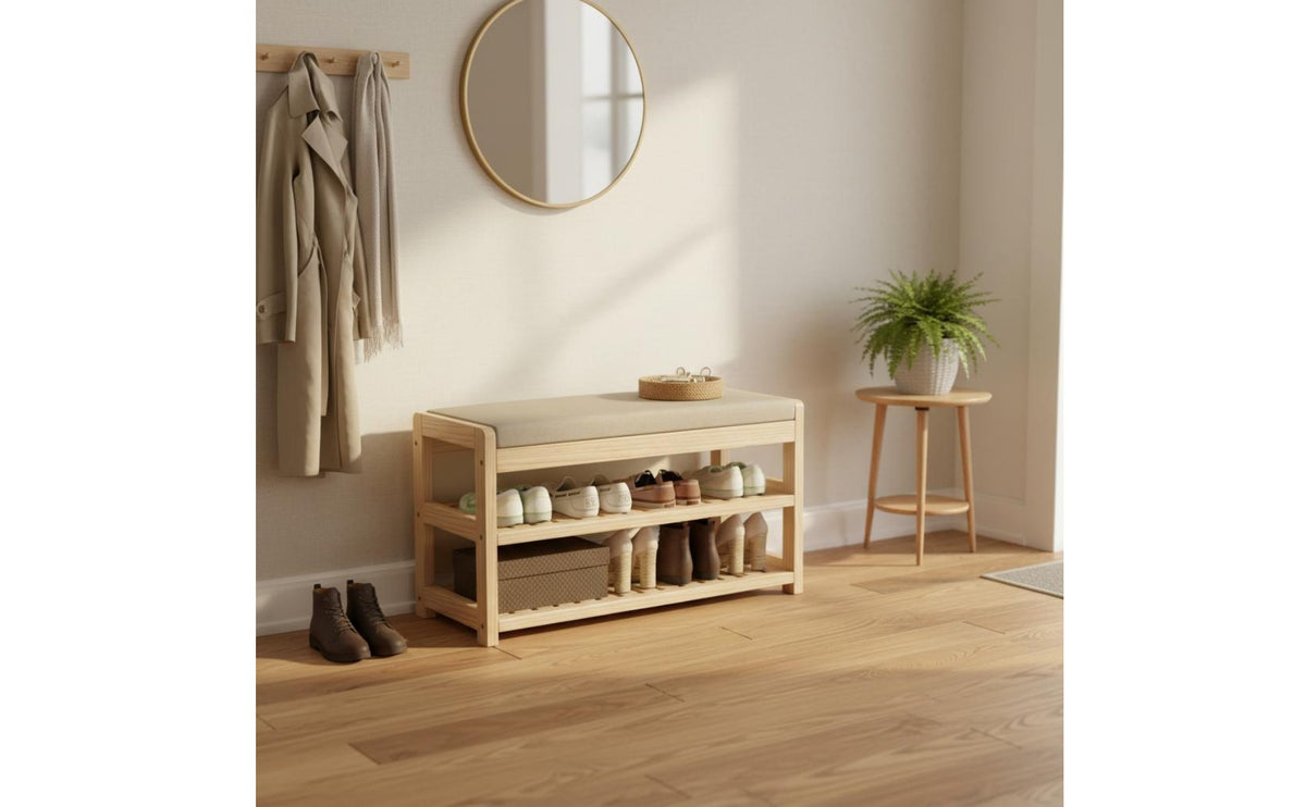Multi-Functional Shoe Changing Stool with Coat Hanger Solid Wood Coat Rack with Shoe Storage Space Saving Household Furniture Heavy Duty for Hallway