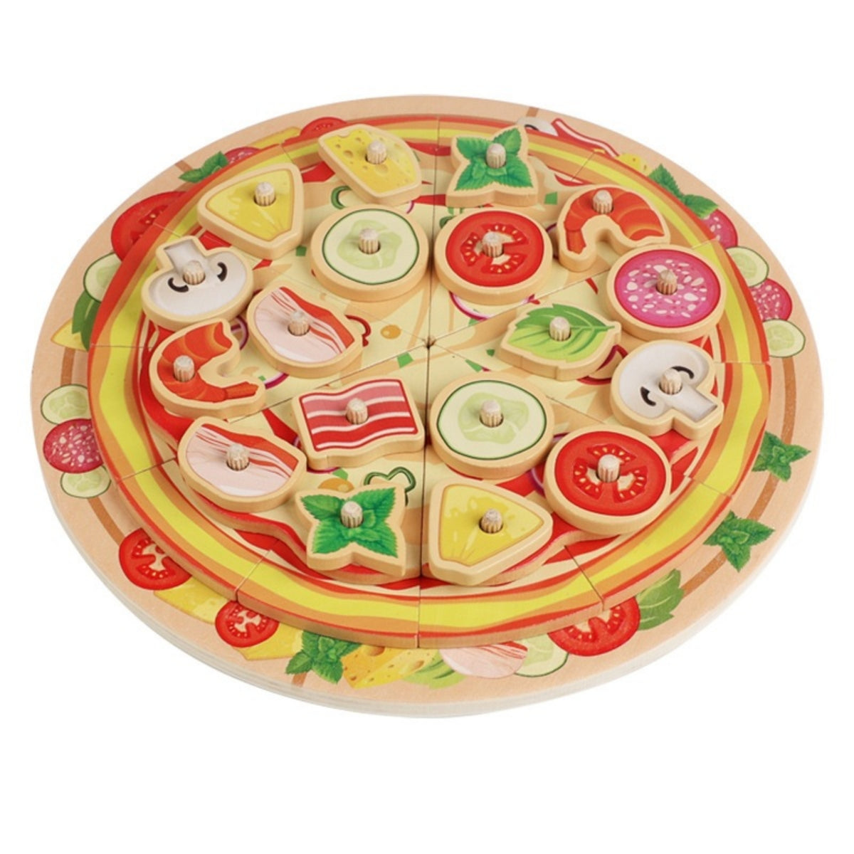 Pizza Board with Toppings Interactive Wooden Pizza Toy Educational Playset for Kids, Preschoolers