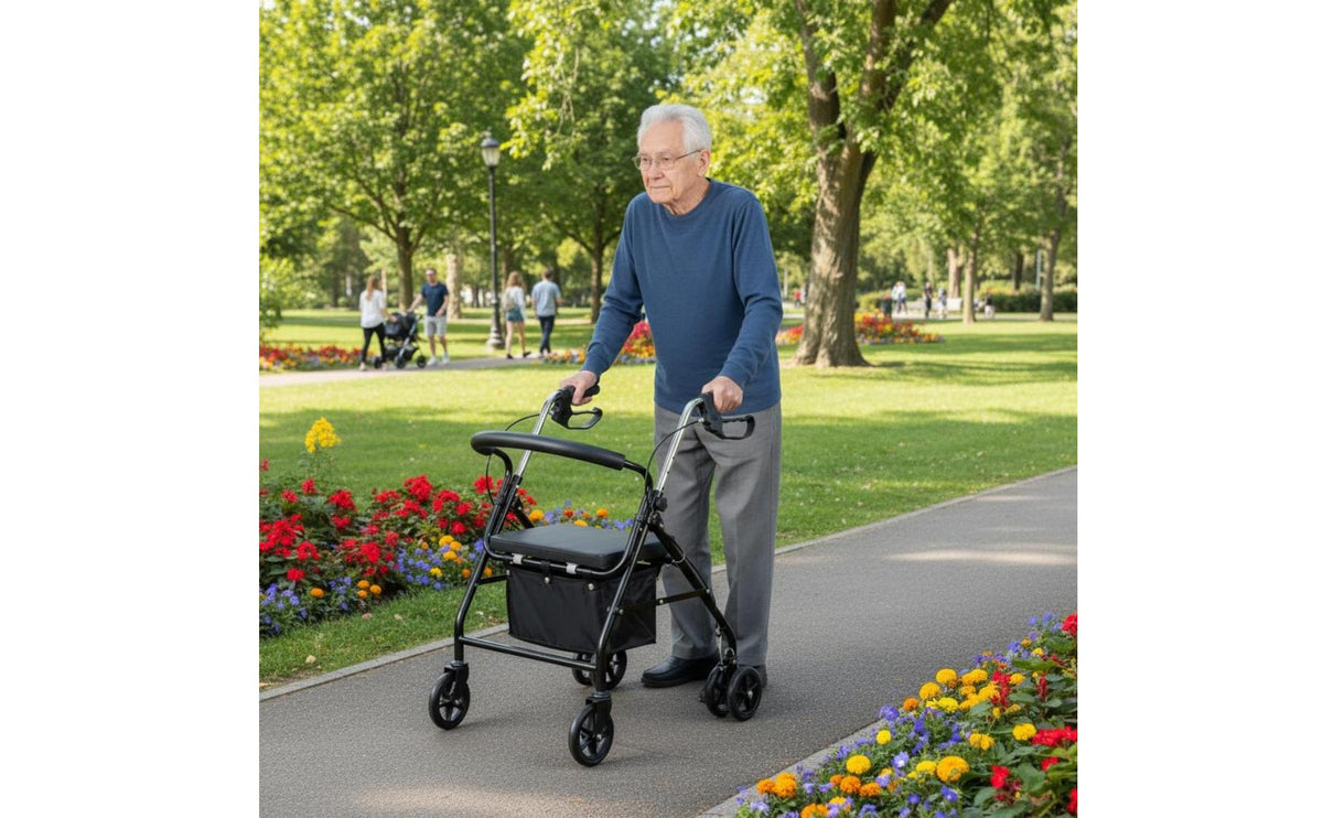 4 Wheel Shopping Mobility Aid Anti-Fall Support Rolling Mobility Aid Foldable Rolling Shopping Carrier Adjustable Height for Seniors, Elderly, Rehabilitation, Outdoor