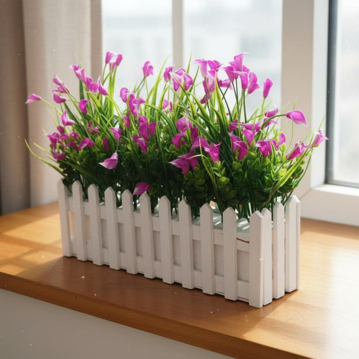 Artificial Flowers Fence Box Low Maintenance Picket Fence Planter with Foam Insert Ready to Display for Office, Shelf