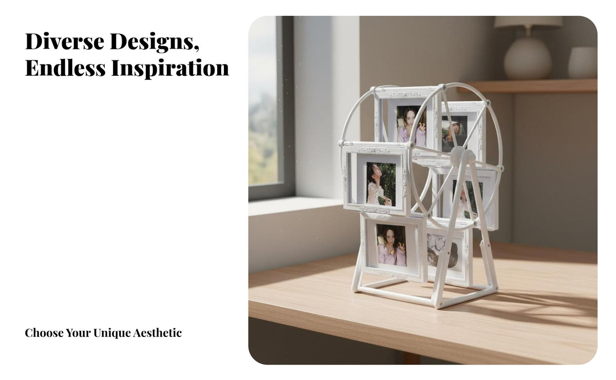 Amusement Wheel Photo Frame Rotatable 6-Picture Rotating Frame Vintage Design Rotating Picture Stand for Families, Couples, Desktop, Bedroom