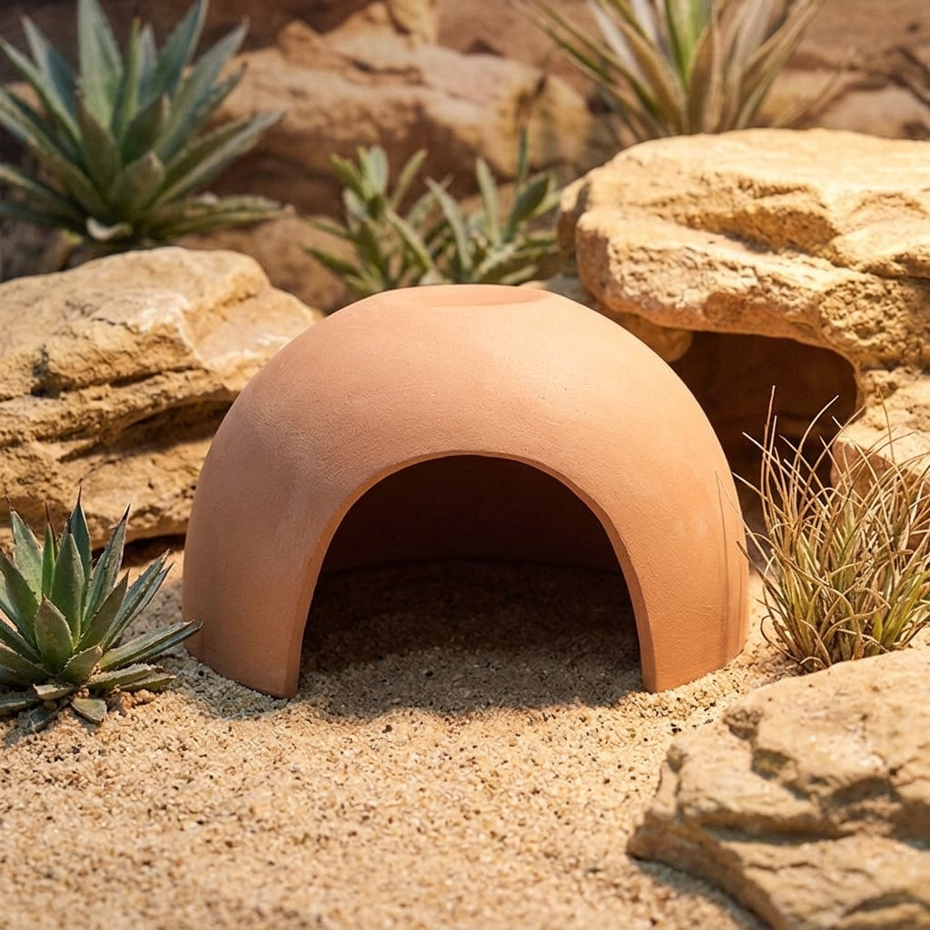 Ceramic Reptile Hide with Reptile Water Bowl, Moisture Retaining Hide for Molting, Clay Cave for Geckos, Reptile Species and Snakes