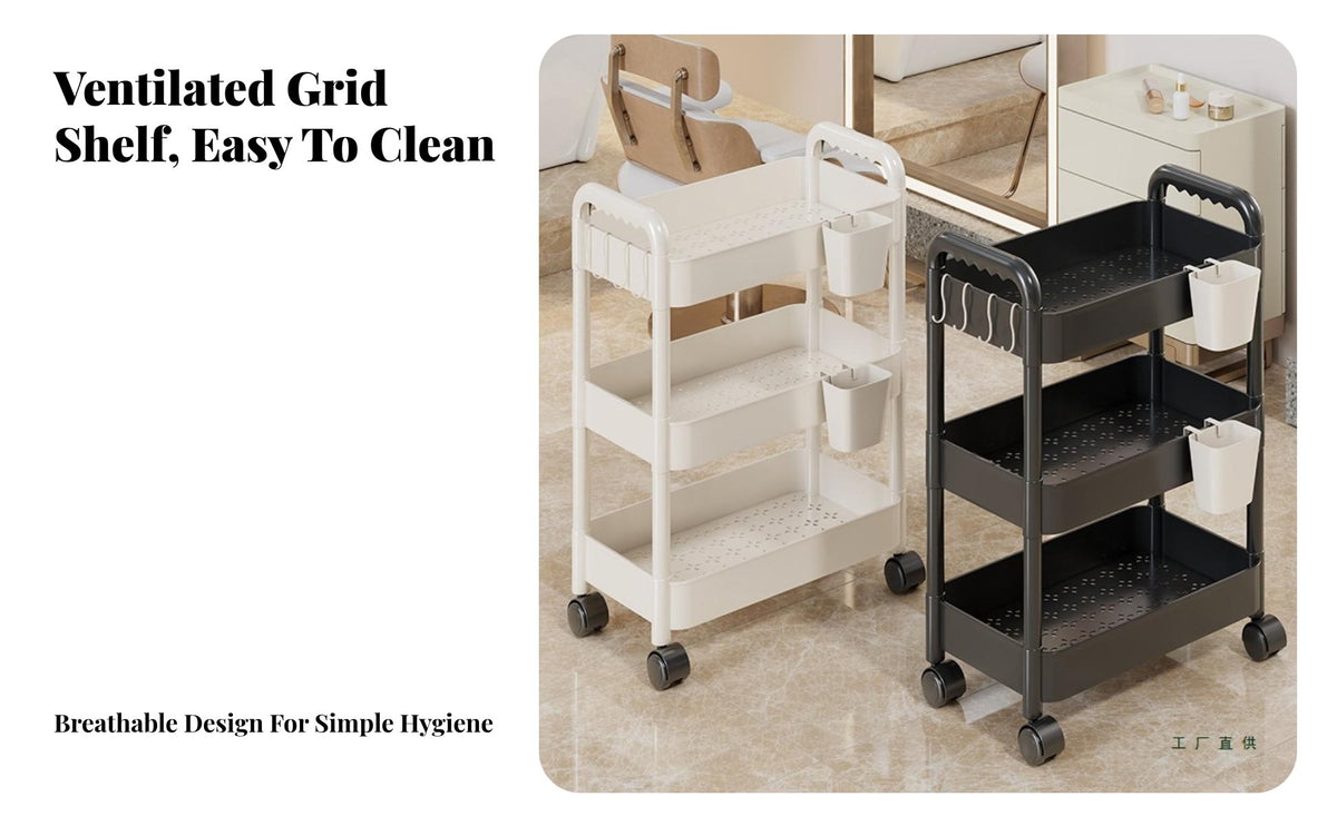 Plastic Organizer Trolley Push Handle Design 3-Tier Rolling Cart Mobile Shelving Unit 360° Rotating Wheels Slim Bathroom Cart