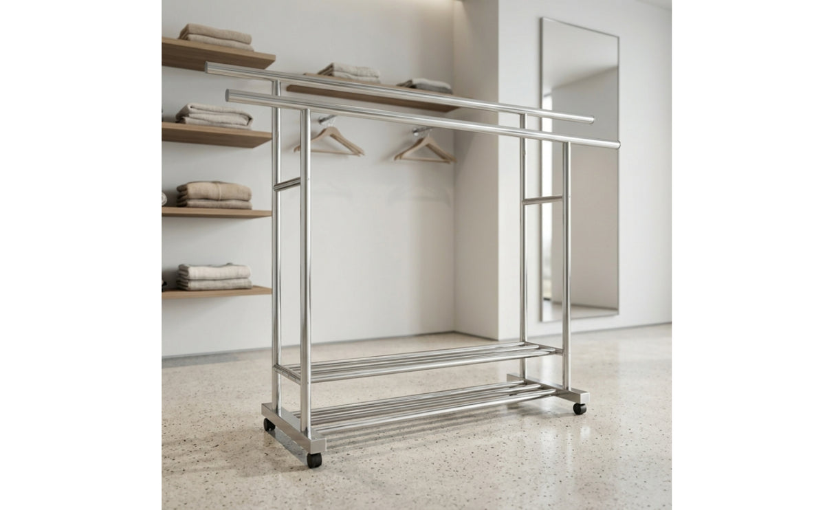 Metal Double Rod Garment Rack with Wheels Mobile Freestanding Clothes Rack with Shoe Storage Portable Furniture Space-Saving for Balcony