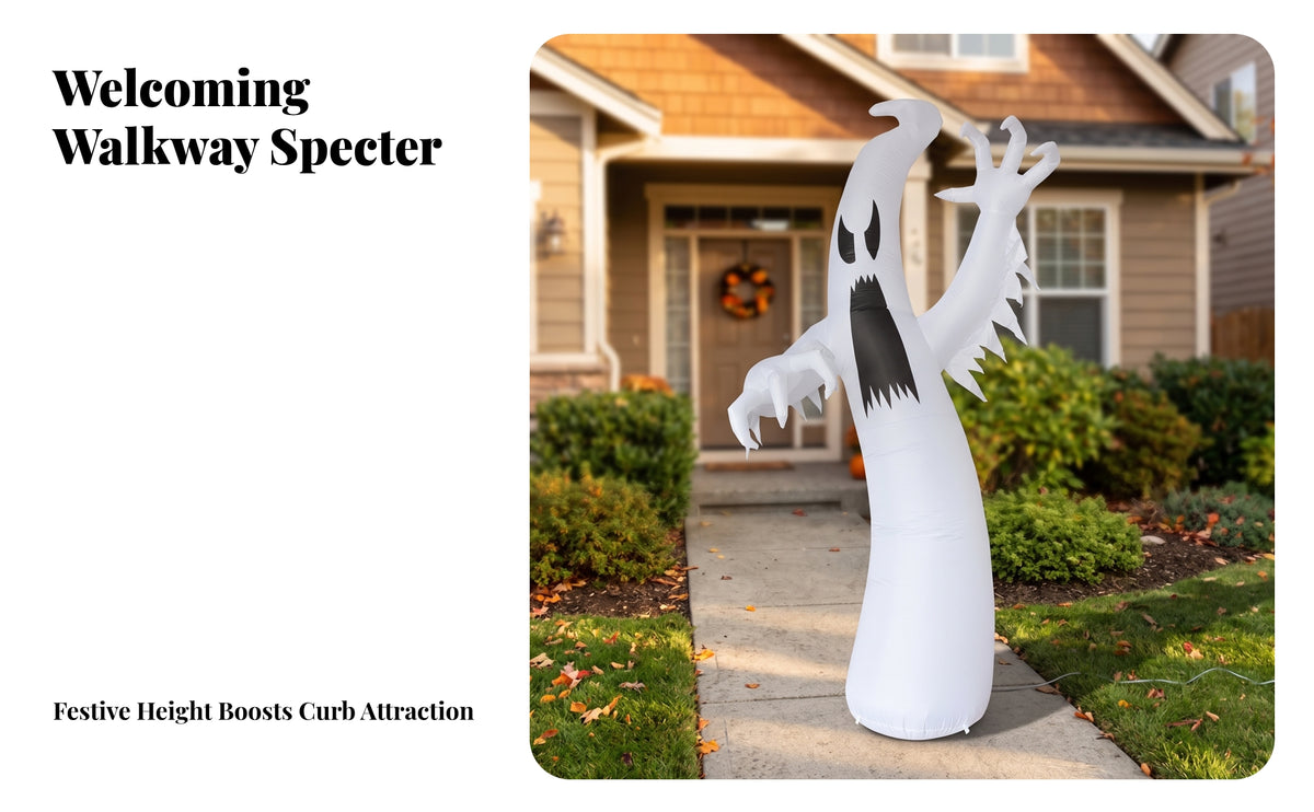 Outdoor Inflatable | Spooky Black Printed Face, Tall White Body, Halloween Inflatable with Claws, for Lawn