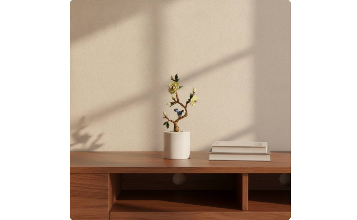 Bird Sculpture with Flower Branch Enamel-Style Flower Branch Bird Sculpture of Nature-Themed Tabletop Ornament with Base for Art Lovers, Display Shelf