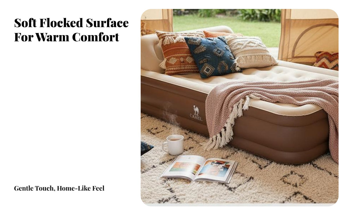 Moisture-Proof Inflatable Camping Mattress Thickened Design Self-Inflating Air Bed Flocked Top Portable Air Mattress with Pump Multi-Layer Support for Outdoor, Home Use, Travel, Tent