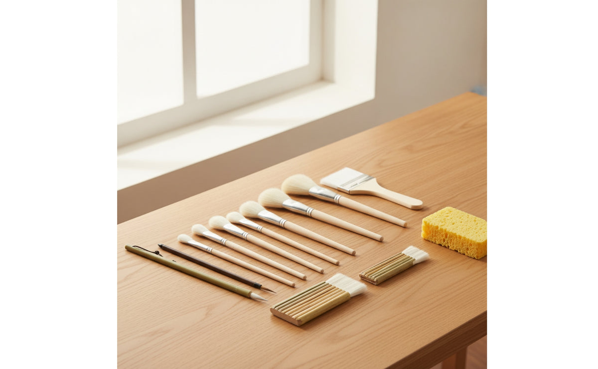 12 Pieces Pottery Brush Set with Sponge Wooden Handle Glaze Brushes Fan