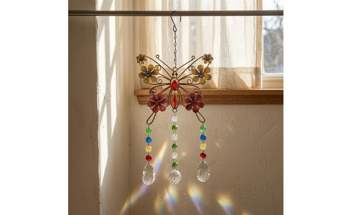 Faceted Beads Crystal Butterfly Suncatcher Floral Accents Butterfly Sun Catcher Multicolored Rainbow Creator Ornament Teardrop Pendants