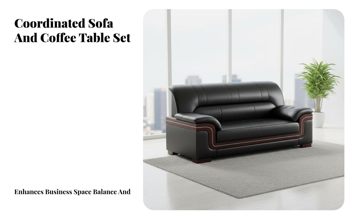 Genuine Leather Upholstery Wood Frame Sofa and Table Set Business design Office Furniture Easy to Clean Reception Seating for Guests, Visitors, Clients, Waiting Room, Lobby