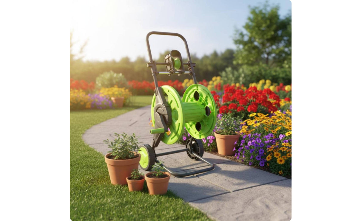 Push Hose Reel Cart Metal Frame Wheeled Hose Reel Cart Triangular Base Outdoor Storage for Yard, Car Washing