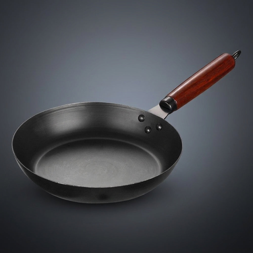 Frying Pan for Stir Fry and Searing Steak Pan, Heavy Duty Refined Iron with Hammered Texture, Induction Hob Compatible Wood Handle, 1 Pack