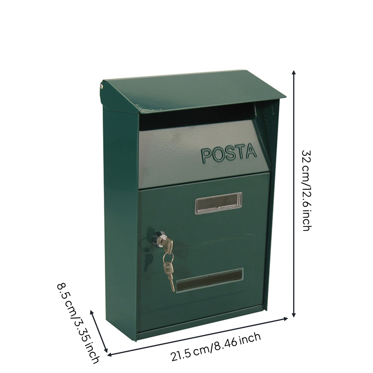 Wall-Mounted Mailbox Metal Mailbox with Lock and Key Postbox Upright Letterbox Rectangular for Homeowners, Outdoor, Villa