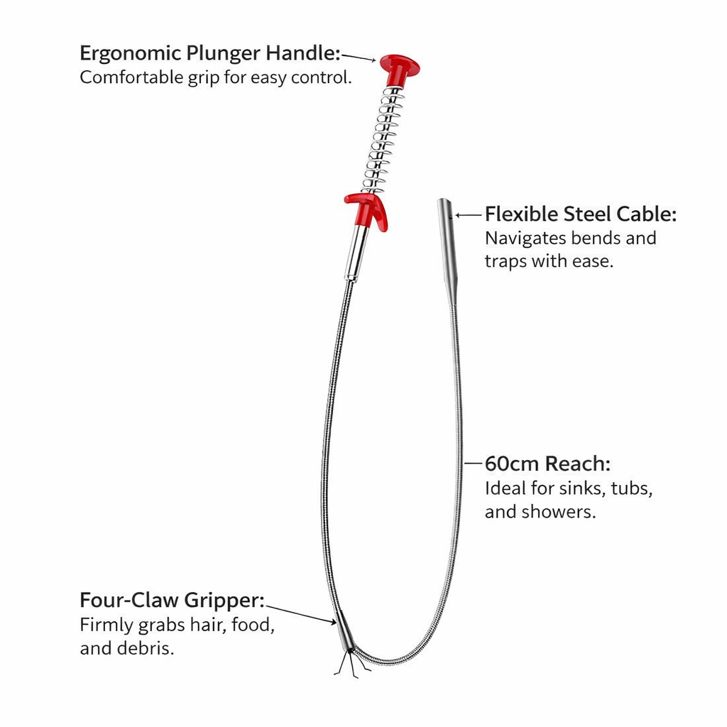 Clogged Drain Remover for Kitchen Sink and Pipe Cleaner Tool for Homeowners, with Four Claw Spring Hook, 6 Piece Set