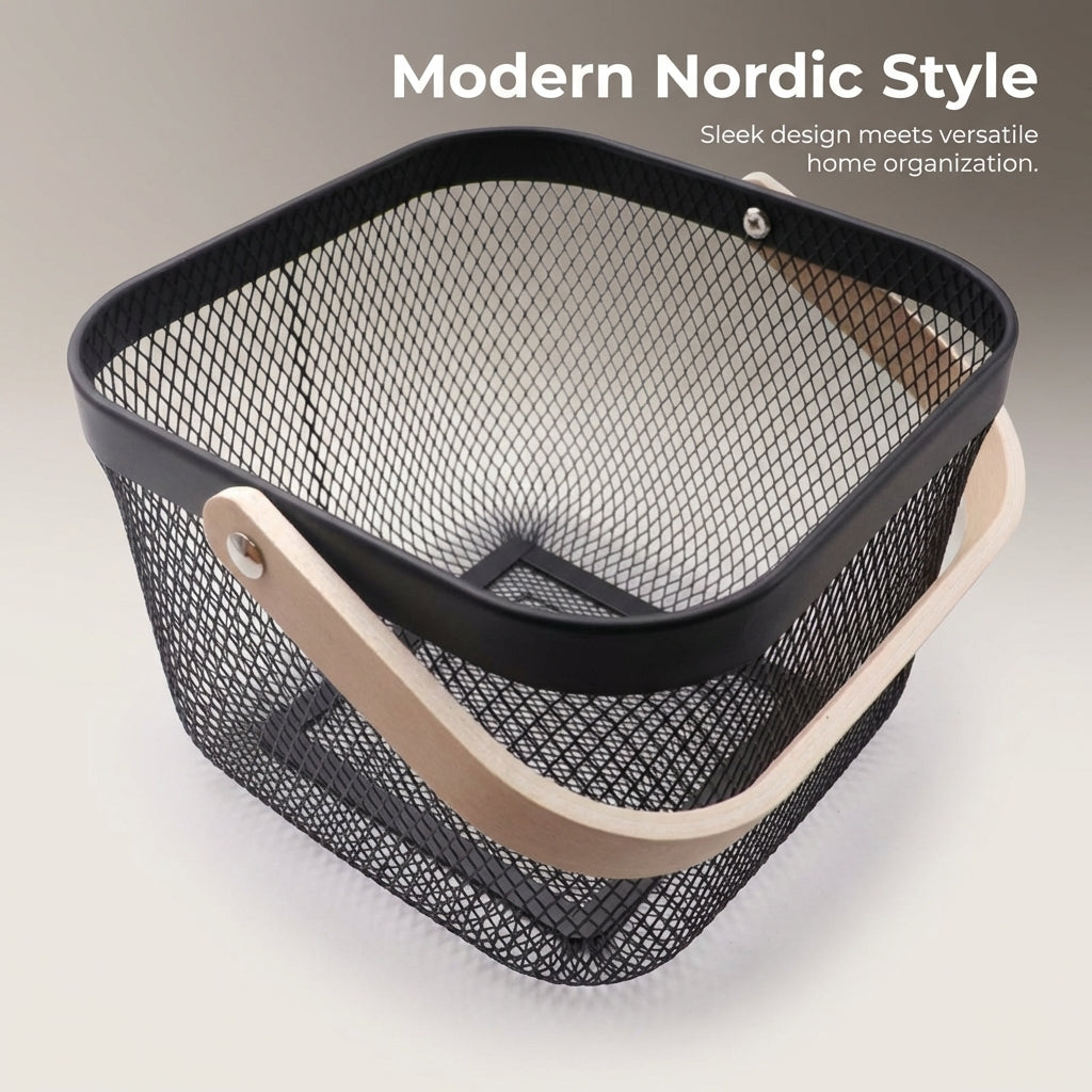 Bathroom Storage Basket with Wooden Handle for Kitchen and Fruit Organization, Stainless Steel Mesh for Vegetables, Nordic Organizer