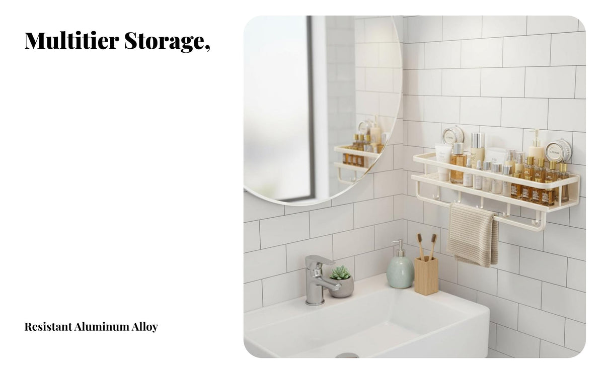 Drillno-Drill Suction Cup Shower Shelf No-Drilling Installation Suction Cup Holder Multi-Functional Bathroom Organizer Waterproof for Apartment Dwellers, Dorm Students, Homeowners, Washroom, RV, Kitchen