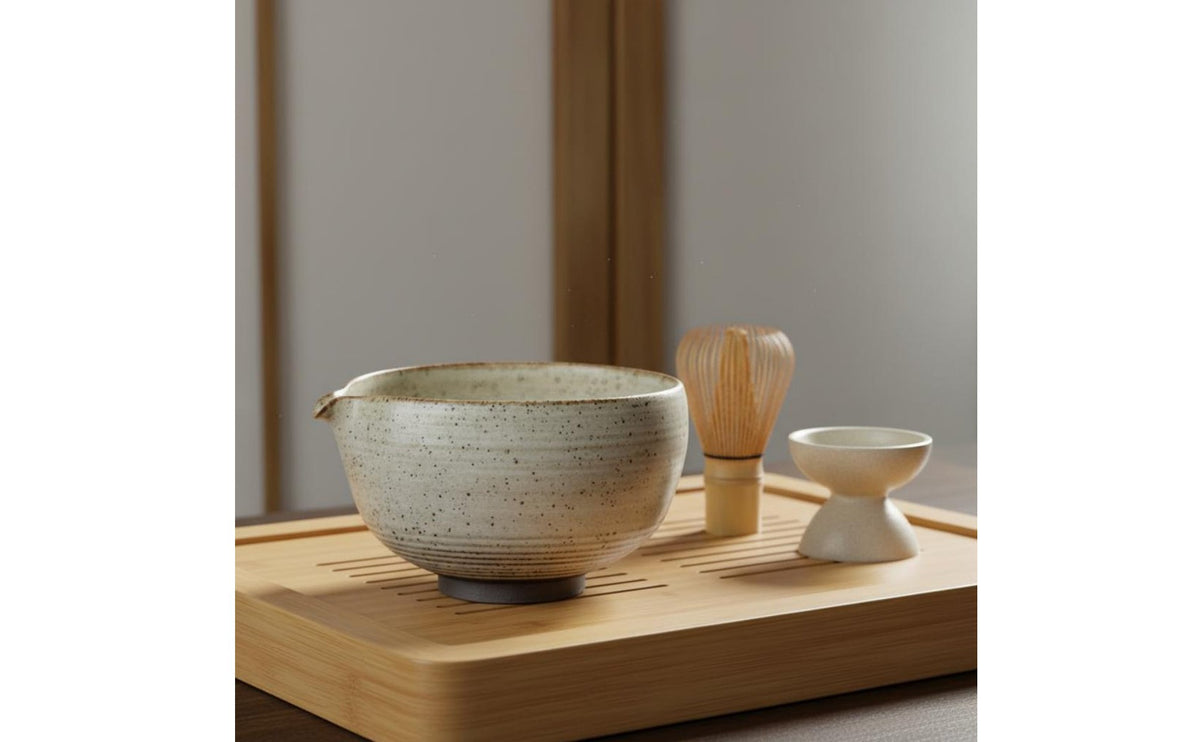 4 Pieces Kiln-Glazed 4-Piece Matcha Set Coarse Pottery Matcha Bowl and Whisk Kit Handmade Bamboo Whisk Tea Set Ideal Gift for Beginners, Home Decor