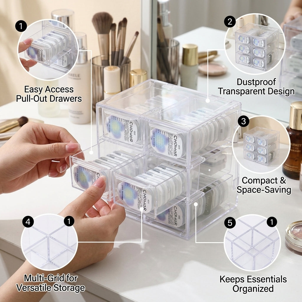 Lens Storage Box, 6 Compartment Clear Organizer, Desktop for Vanity Table, Multi Case