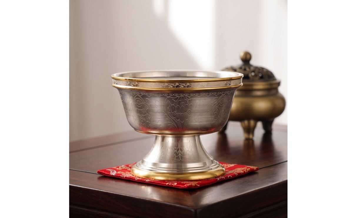 Tibetan Buddhist Pure Copper Water Offering Bowl Set - Eight Auspicious Symbols Engraved