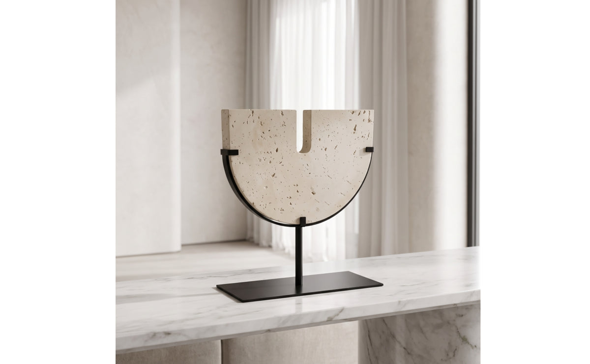 Stone-Look Sculpture with Metal Stand Speckled V-Shaped Sculpture Modern Chinese Statue for Bookshelf