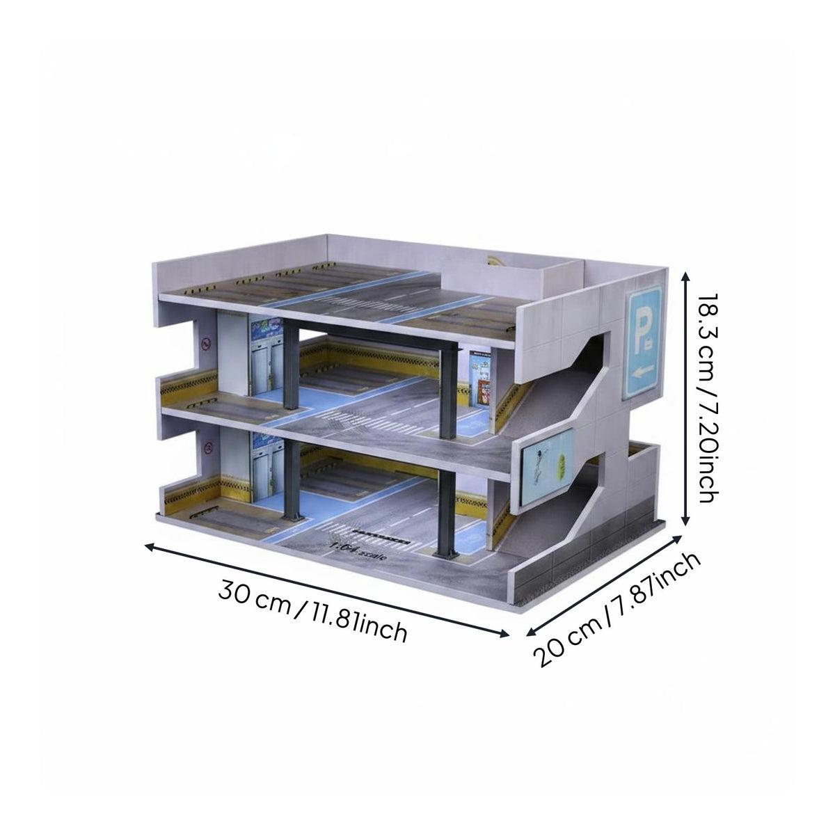 1:64 Scale Parking Garage Model Realistic Details Japanese Parking Building Model USB Powered Car Display Case for Desk