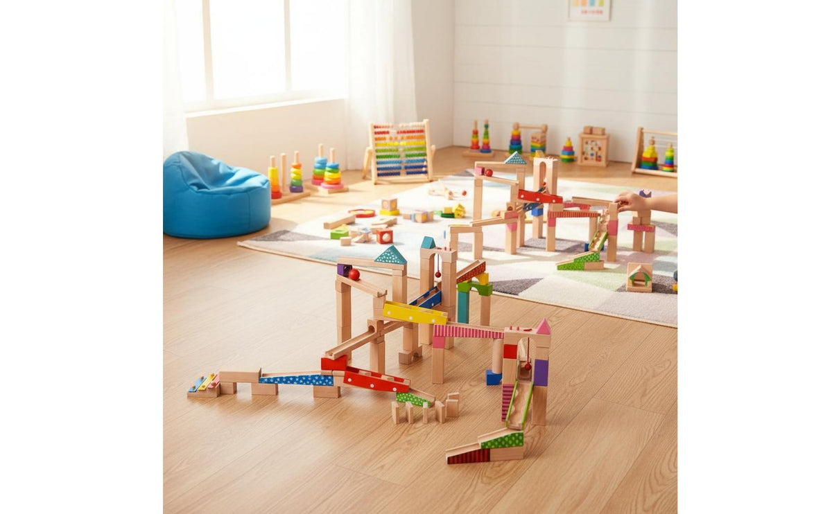 100 Pieces Wooden Marble Run Parent-Child Interaction Ball Track Building Blocks Paint Block Set for Children