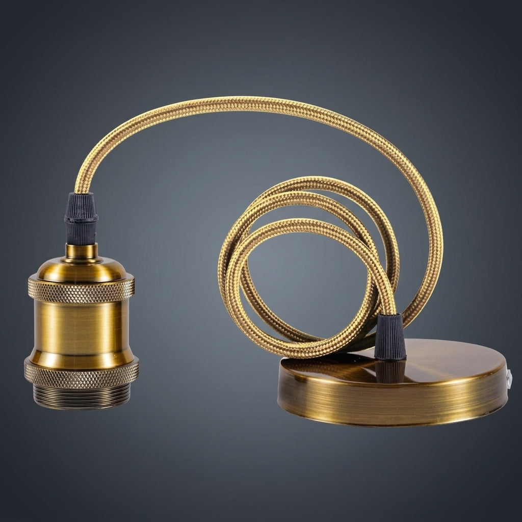Light Fitting Pendant Light with E27 Lamp Bulb Holder, Gold-Antique Ceramic Core for Customizable Counter Lighting, Heat Resistant Braided Cable