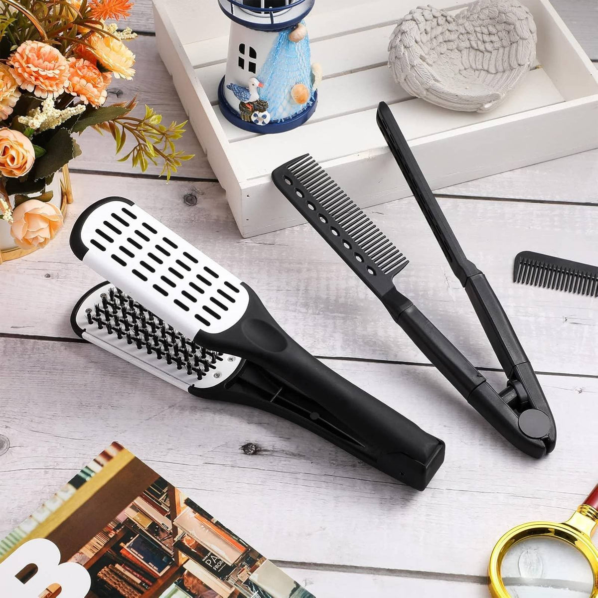 2 Pieces Detangling Boar Bristle Hair Brush Anti-Frizz Hair Straightening Clamp Hollow Vented Design for Salon