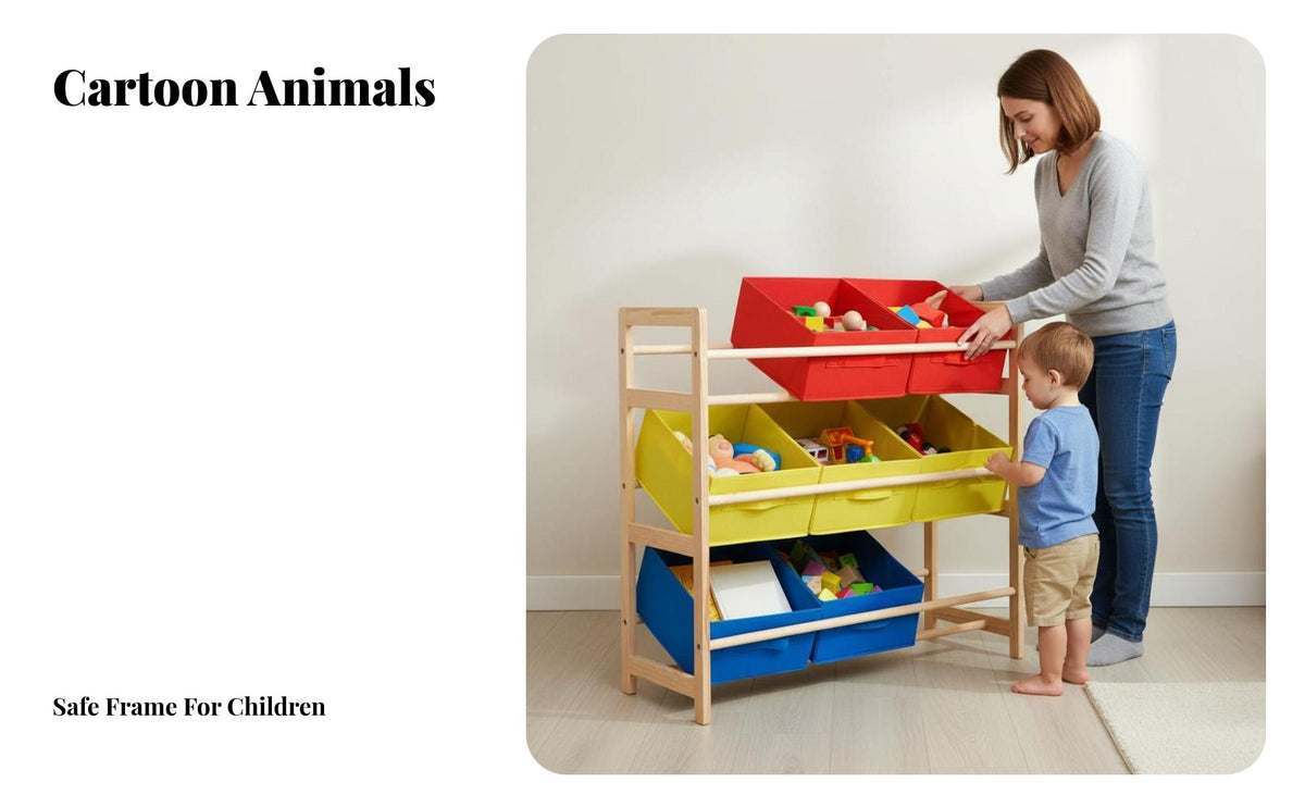 Kids Toy Storage Rack Cartoon Design children's Storage Shelf with Bins Large Capacity Multi-Bin Toy Organizer for Parents, Playroom, Nursery, Daycare