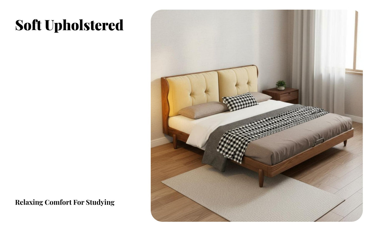Lowdesign Bed with Upholstered Headboard sturdy Wood Construction Upholstered Bed Frame with Headboard Nordic design Bedroom Furniture for Guesthouse