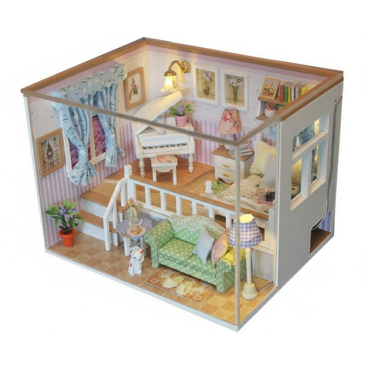 Creative Gift DIY Miniature Dollhouse Kit Highly Detailed DIY Miniature Room Kit Relaxing Project Wooden Dollhouse Model LED Lights for Adults, Teens, Hobbyists