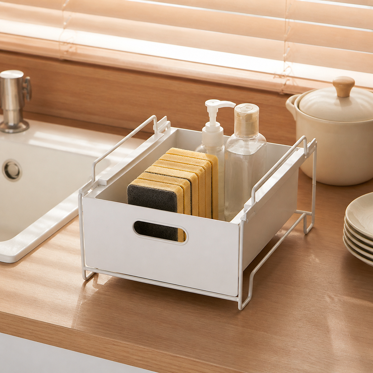 Under Sink Organiser, Pull Out Drawers for Cabinets, Kitchen Cabinet Organiser, Matte White Stackable Cleaning Product Organiser