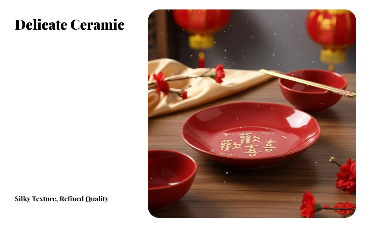 Ceramic Wedding Dinnerware Set, Red Joyful Bowls & Plates, Chinese Style, Festive Tableware, Microwave Safe