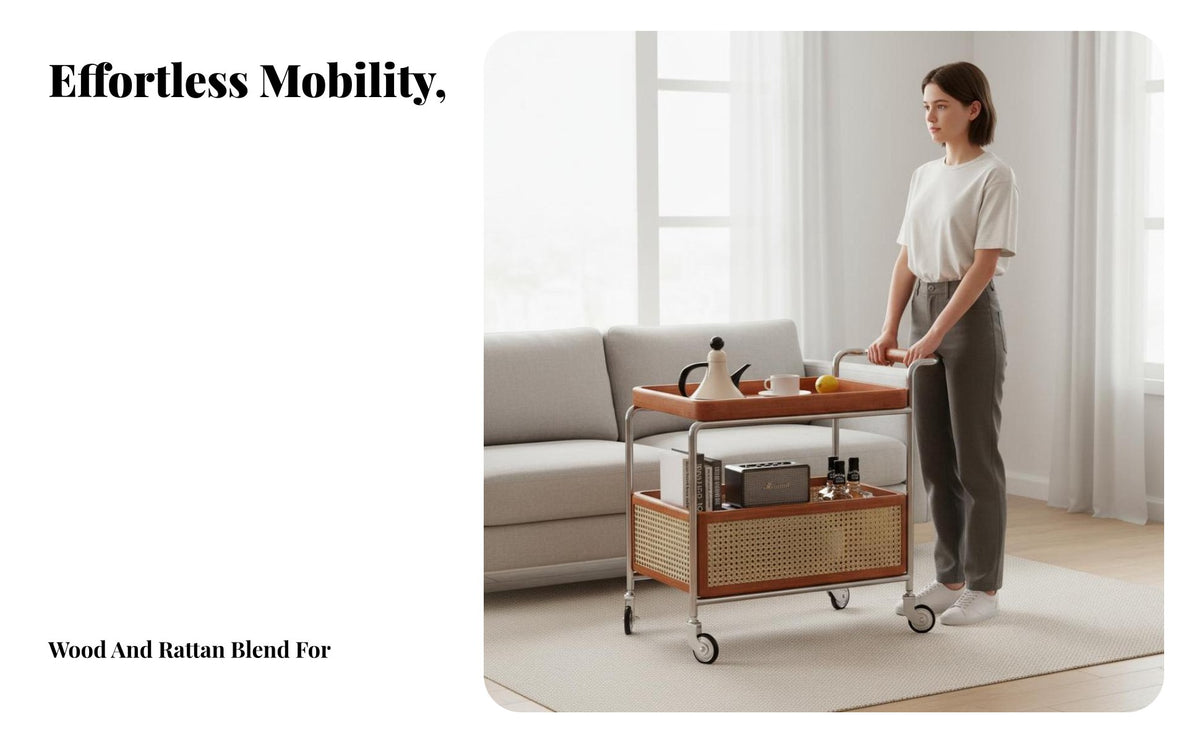Solid Wood Rattan Storage Trolley Retro Design Multi-Tier Storage Rack 360° Swivel Casters 2-Tier Rolling Utility Cart Versatile for Apartment Dwellers, Office Workers, Party Hosts, Living Room, Bedroom, Kitchen, Pantry