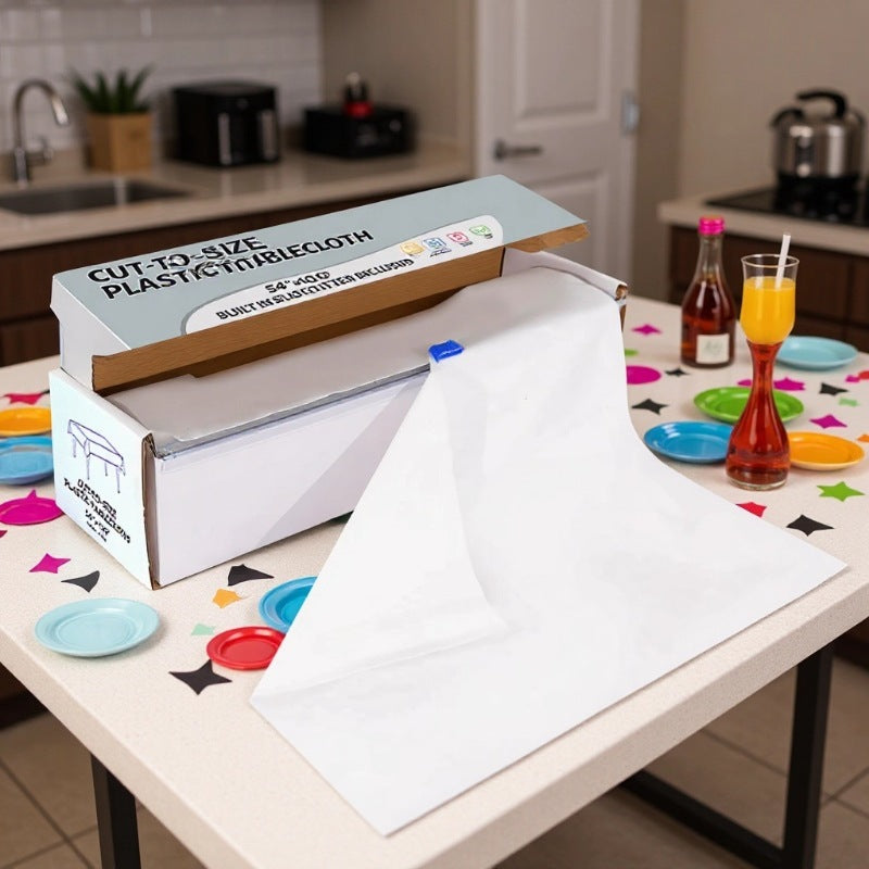 Disposable Plastic Tablecloth Roll - 54 inches x 100 feet with Cutter Box