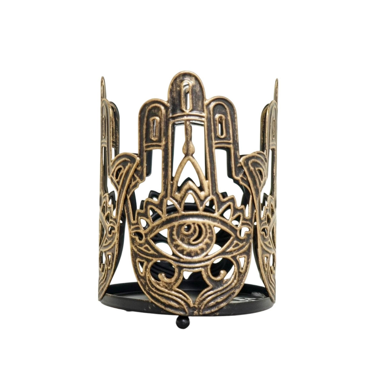 Vintage Iron Hand of Fatima Candle Holder with Cutout Design
