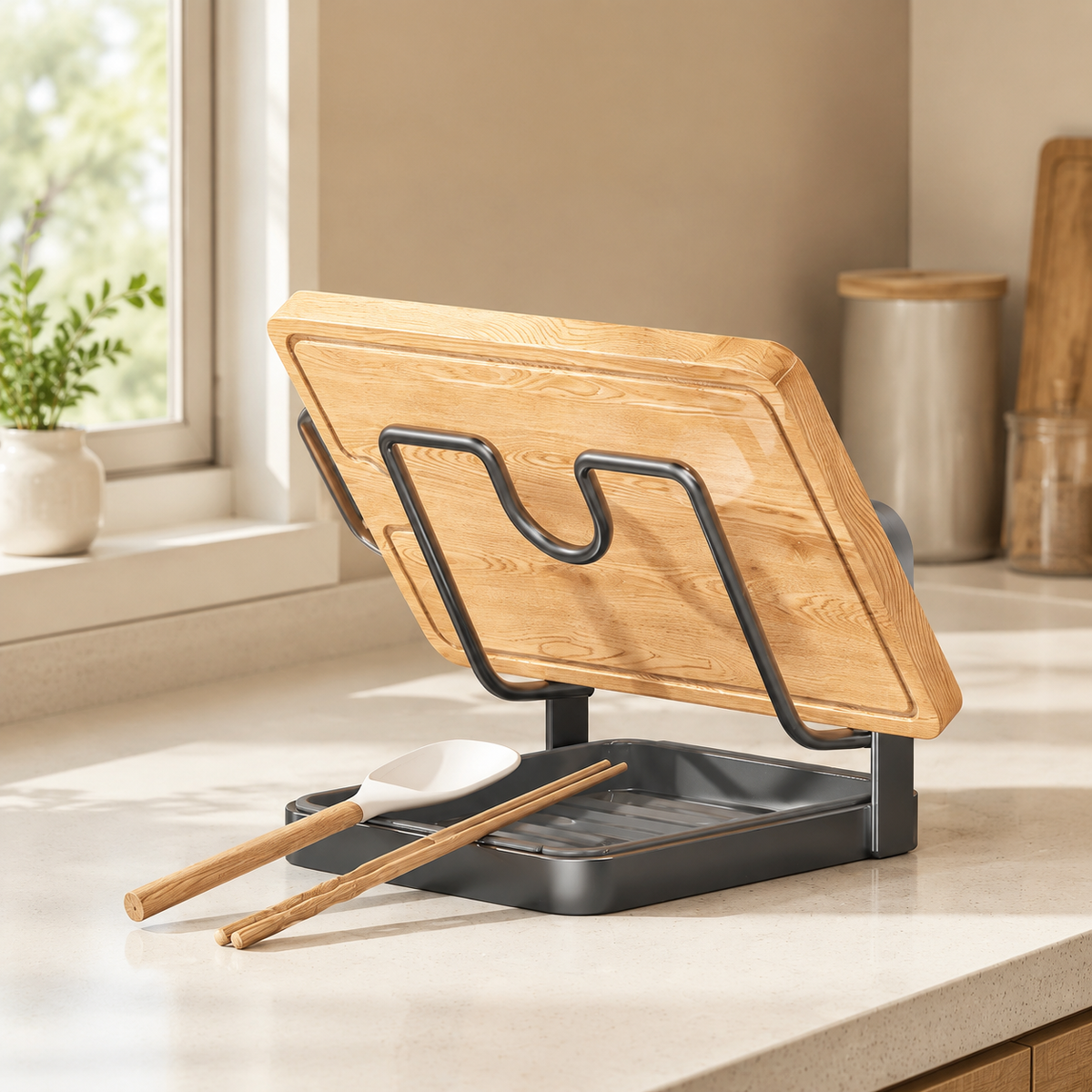 Carbon Steel Pot Lid Holder, Single Layer Countertop Lid Rack with Drip Tray, Space Saving Kitchen Organiser