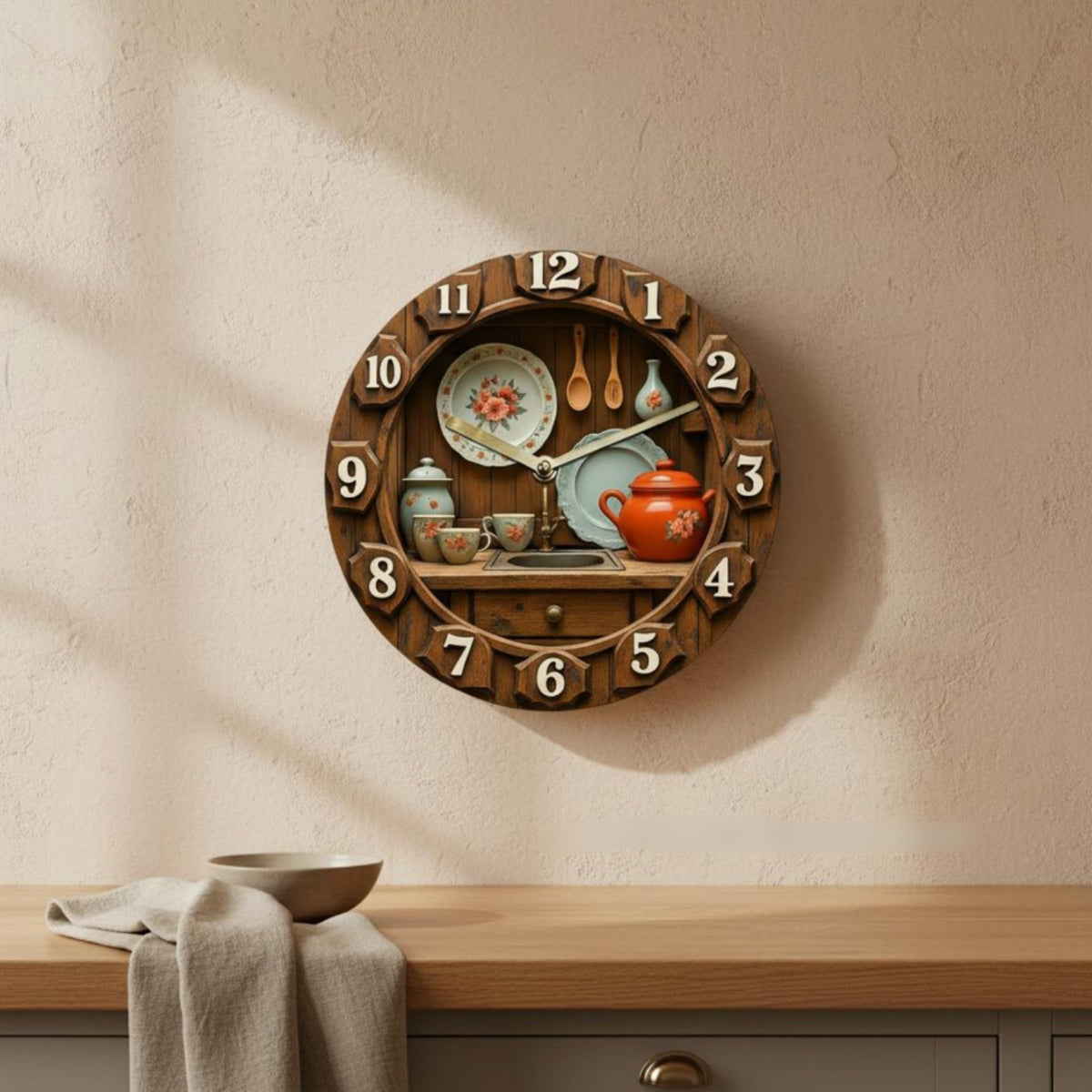 Silent Quartz Movement Kitchen Themed Wall Clock Non-Ticking Round Wooden Wall Clock Creative Design for Living Room, Home Bar